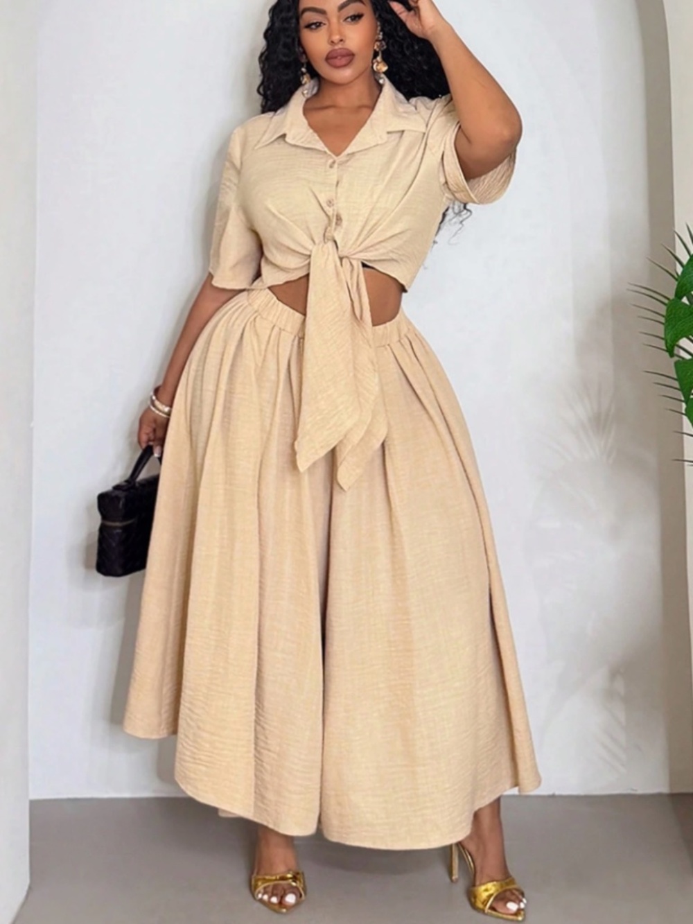 Khaki Twist Hem Short Sleeve Shirt And Wide Leg Pants